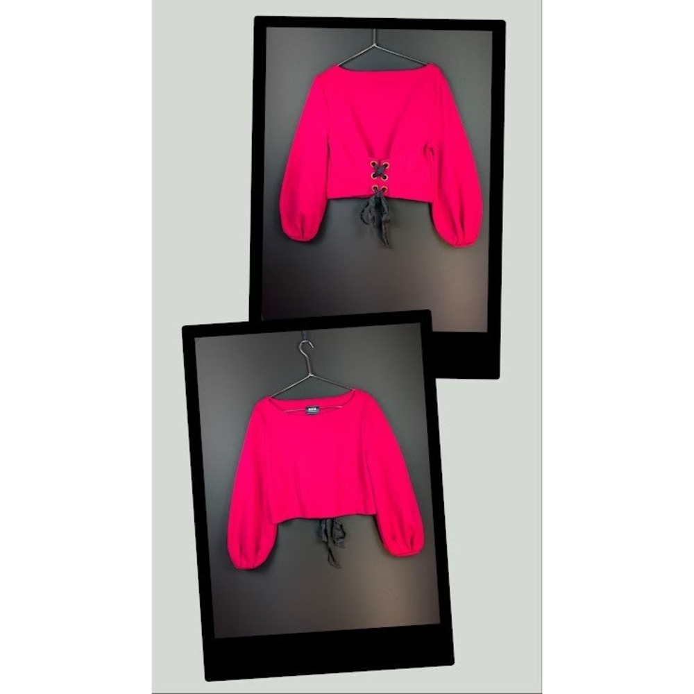 Maeve Anthropologie Crop Top MEDIUM Hot Pink Balloon Sleeve Ribbon Tie Corset